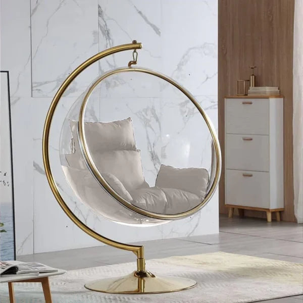 Elegant Hanging Chair with Pedestal Base – Hardened Acrylic Egg Swing Chair on Alloy Steel Stand with Cushion