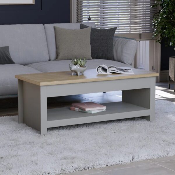 Farmhouse Coffee Table – Two‑Tone Oak‑Finish Rectangular Table with Open Shelf & Sled Base