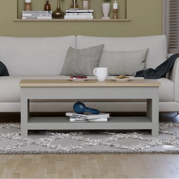 Farmhouse Coffee Table – Two‑Tone Oak‑Finish Rectangular Table with Open Shelf & Sled Base