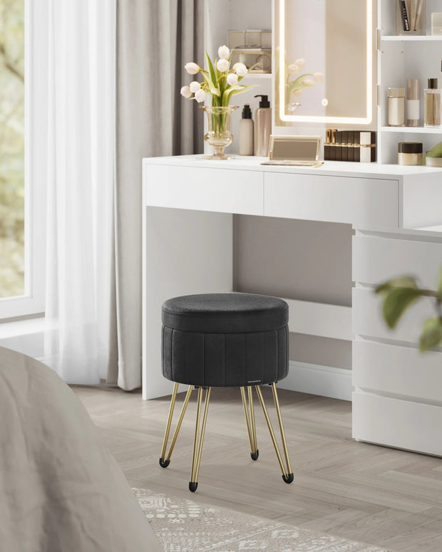 SONGMICS Storage Ottoman, Velvet Dressing Table Stool, 39 x 44.4 cm (Dia. x H), Round Storage Stool Seat, 4 Metal Legs