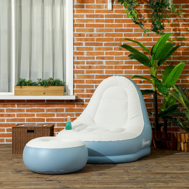 Outsunny Inflatable Chair and Footstool, Inflatable Sofa Lounger with Soft Plush Fabric and Cup Holder, for Camping, Gaming