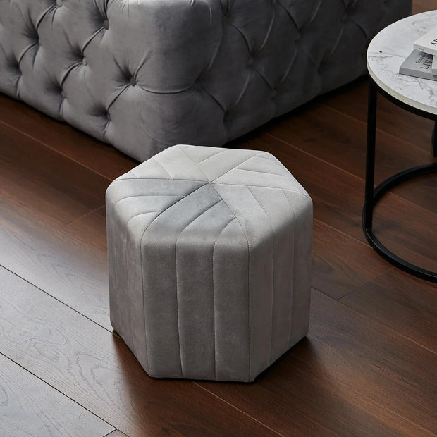 Minimal Hexagonal Striped Velvet Footstool – Upholstered Accent Ottoman Stool (40 × 35 × 32 cm)