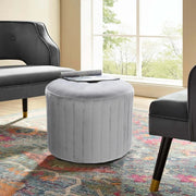 Grey Round Velvet Ottoman Stool – Upholstered Dressing Table Accent Seat with Gold Alloy Steel Legs (≈ 37 × 36 × 45 cm)