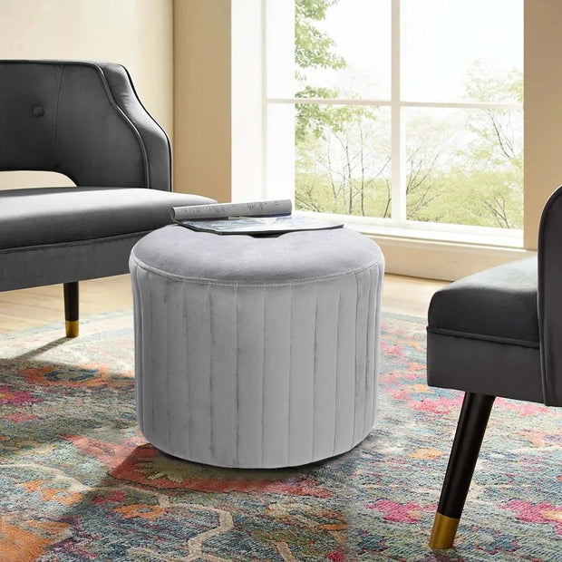 Grey Round Velvet Ottoman Stool – Upholstered Dressing Table Accent Seat with Gold Alloy Steel Legs (≈ 37 × 36 × 45 cm)