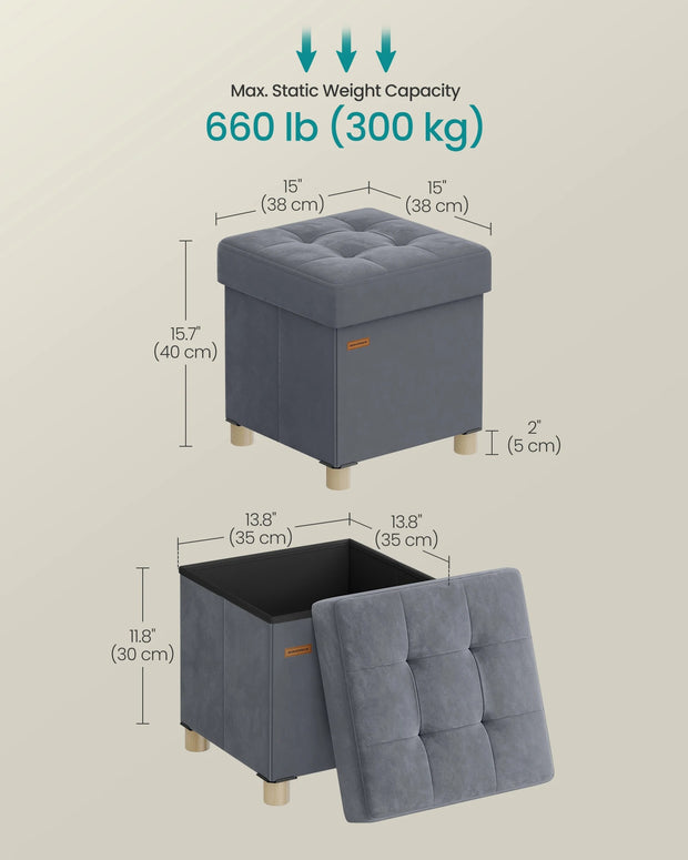 SONGMICS Small Storage Ottoman, 38 x 38 x 40 cm, Folding Storage Cube with Lid, Footstool, Footrest, 37 L, Velvet Surface