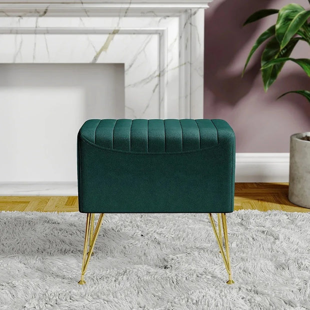 Green Channel Velvet Stool with Gold Legs – Upholstered Accent Stool with Hairpin Metal Base (46.5 × 31.5 × 46 cm)