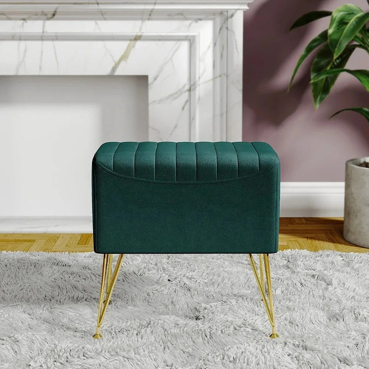 Green Channel Velvet Stool with Gold Legs – Upholstered Accent Stool with Hairpin Metal Base (46.5 × 31.5 × 46 cm)