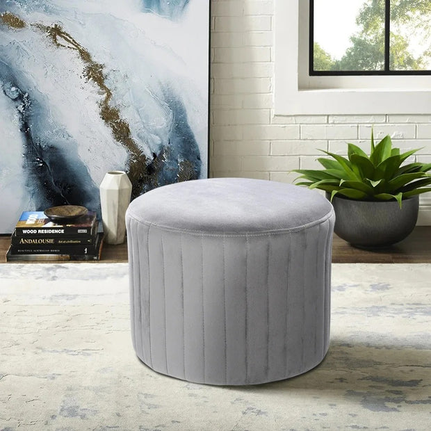 Grey Round Velvet Ottoman Stool – Upholstered Dressing Table Accent Seat with Gold Alloy Steel Legs (≈ 37 × 36 × 45 cm)