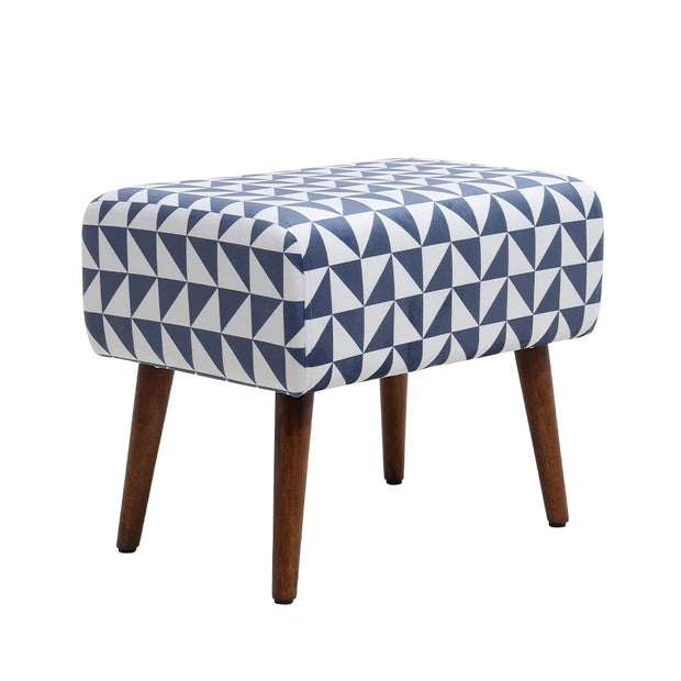 Blue Patterned Footstool – Upholstered Accent Stool with Walnut-Finish Wooden Legs and Geometric Fabric