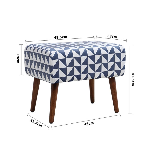 Blue Patterned Footstool – Upholstered Accent Stool with Walnut-Finish Wooden Legs and Geometric Fabric