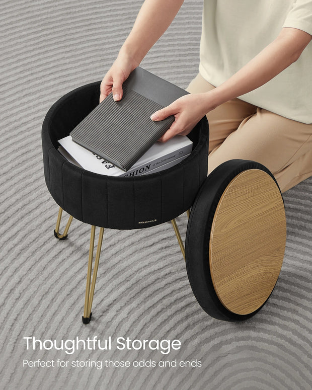SONGMICS Storage Ottoman, Velvet Dressing Table Stool, 39 x 44.4 cm (Dia. x H), Round Storage Stool Seat, 4 Metal Legs