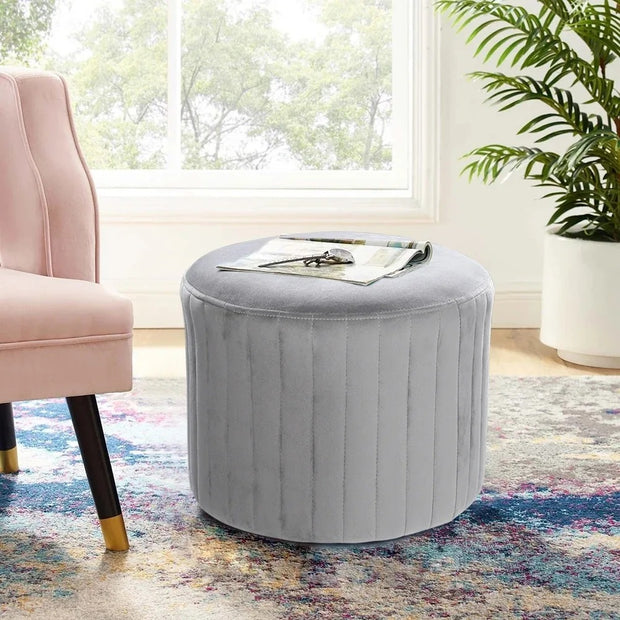 Grey Round Velvet Ottoman Stool – Upholstered Dressing Table Accent Seat with Gold Alloy Steel Legs (≈ 37 × 36 × 45 cm)