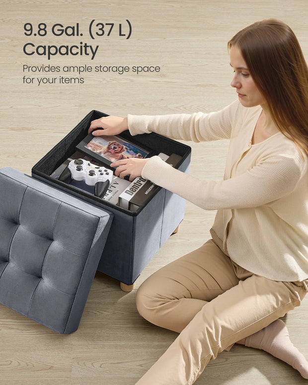 SONGMICS Small Storage Ottoman, 38 x 38 x 40 cm, Folding Storage Cube with Lid, Footstool, Footrest, 37 L, Velvet Surface