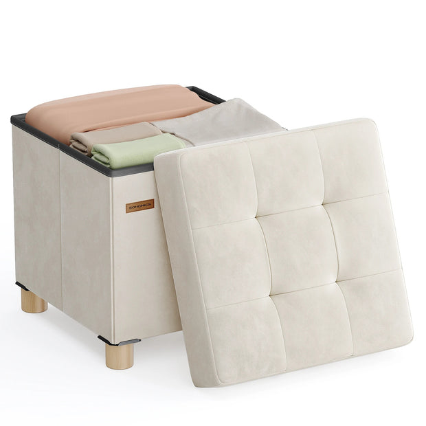 SONGMICS Small Storage Ottoman, 38 x 38 x 40 cm, Folding Storage Cube with Lid, Footstool, Footrest, 37 L, Velvet Surface