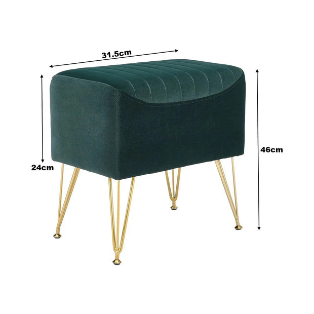 Green Channel Velvet Stool with Gold Legs – Upholstered Accent Stool with Hairpin Metal Base (46.5 × 31.5 × 46 cm)