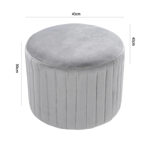 Grey Round Velvet Ottoman Stool – Upholstered Dressing Table Accent Seat with Gold Alloy Steel Legs (≈ 37 × 36 × 45 cm)