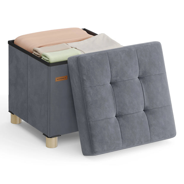 SONGMICS Small Storage Ottoman, 38 x 38 x 40 cm, Folding Storage Cube with Lid, Footstool, Footrest, 37 L, Velvet Surface