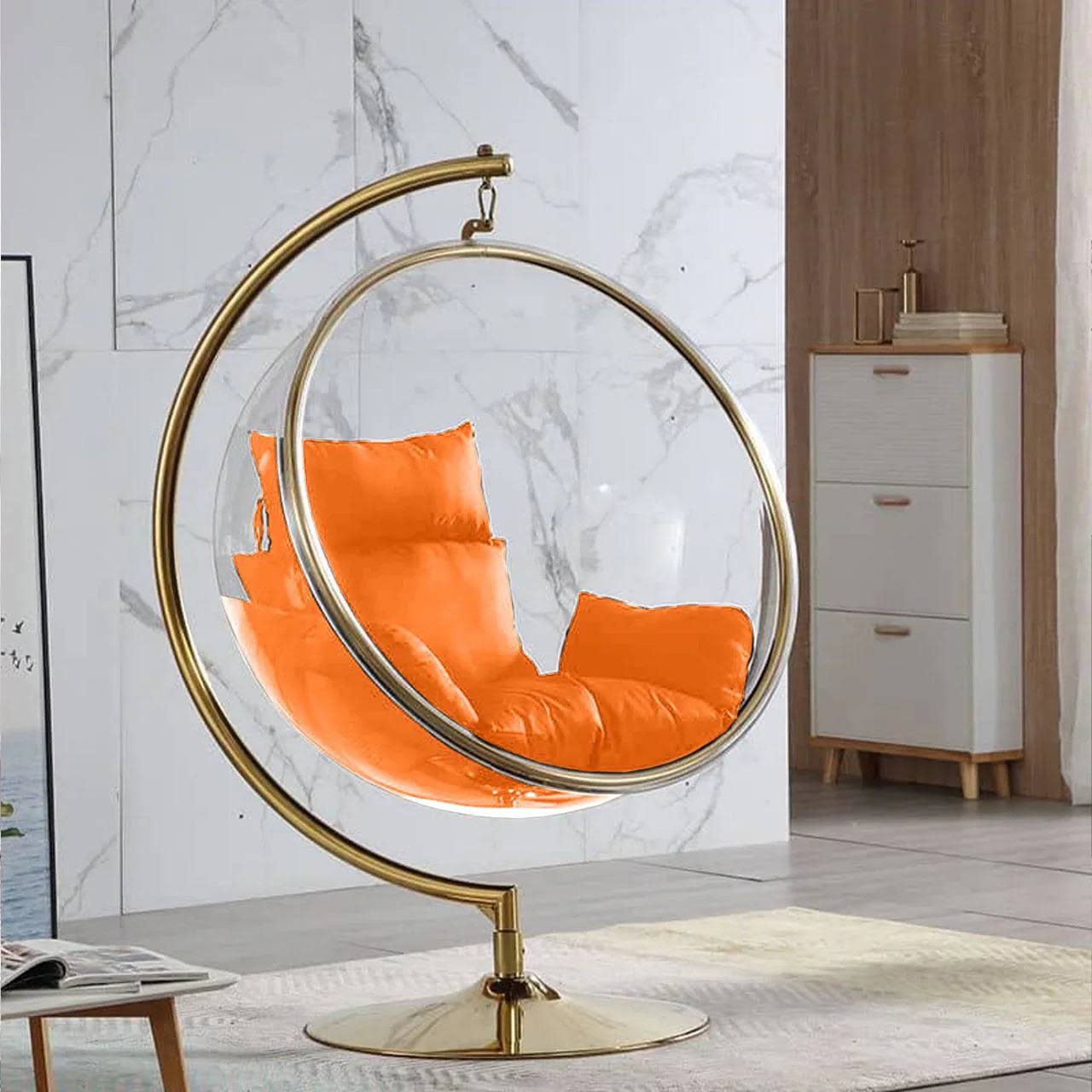 Elegant Hanging Chair with Pedestal Base – Hardened Acrylic Egg Swing Chair on Alloy Steel Stand with Cushion - Image 4