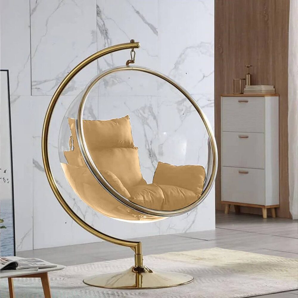 Elegant Hanging Chair with Pedestal Base – Hardened Acrylic Egg Swing Chair on Alloy Steel Stand with Cushion - Image 2