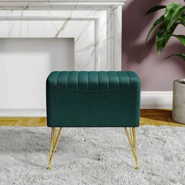Green Channel Velvet Stool with Gold Legs – Upholstered Accent Stool with Hairpin Metal Base (46.5 × 31.5 × 46 cm)