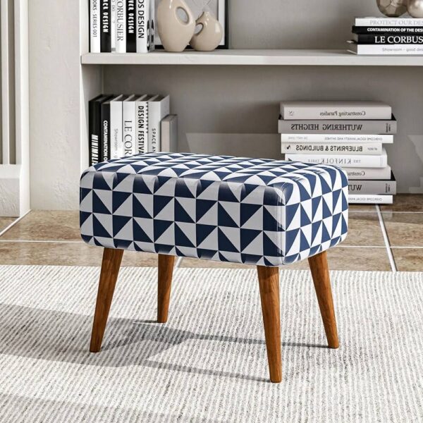 Blue Patterned Footstool – Upholstered Accent Stool with Walnut-Finish Wooden Legs and Geometric Fabric