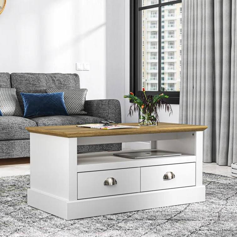 Modern Coffee Table with 2 Drawers & Open Shelf – Manufactured Wood