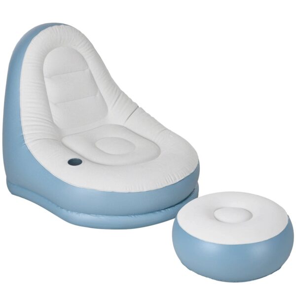 Outsunny Inflatable Chair and Footstool, Inflatable Sofa Lounger with Soft Plush Fabric and Cup Holder, for Camping, Gaming