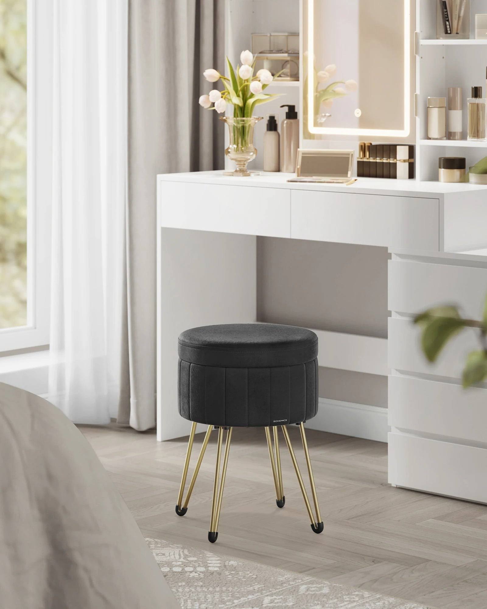 SONGMICS Storage Ottoman, Velvet Dressing Table Stool, 39 x 44.4 cm (Dia. x H), Round Storage Stool Seat, 4 Metal LegsSONGMICS Storage Ottoman, Velvet Dressing Table Stool, 39 x 44.4 cm (Dia. x H), Round Storage Stool Seat, 4 Metal Legs