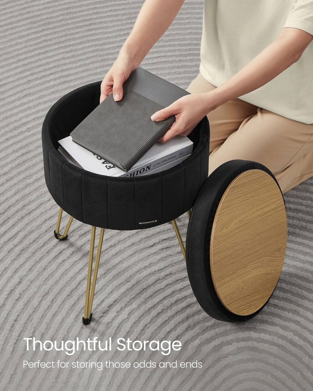 SONGMICS Storage Ottoman, Velvet Dressing Table Stool, 39 x 44.4 cm (Dia. x H), Round Storage Stool Seat, 4 Metal LegsSONGMICS Storage Ottoman, Velvet Dressing Table Stool, 39 x 44.4 cm (Dia. x H), Round Storage Stool Seat, 4 Metal Legs - Image 4