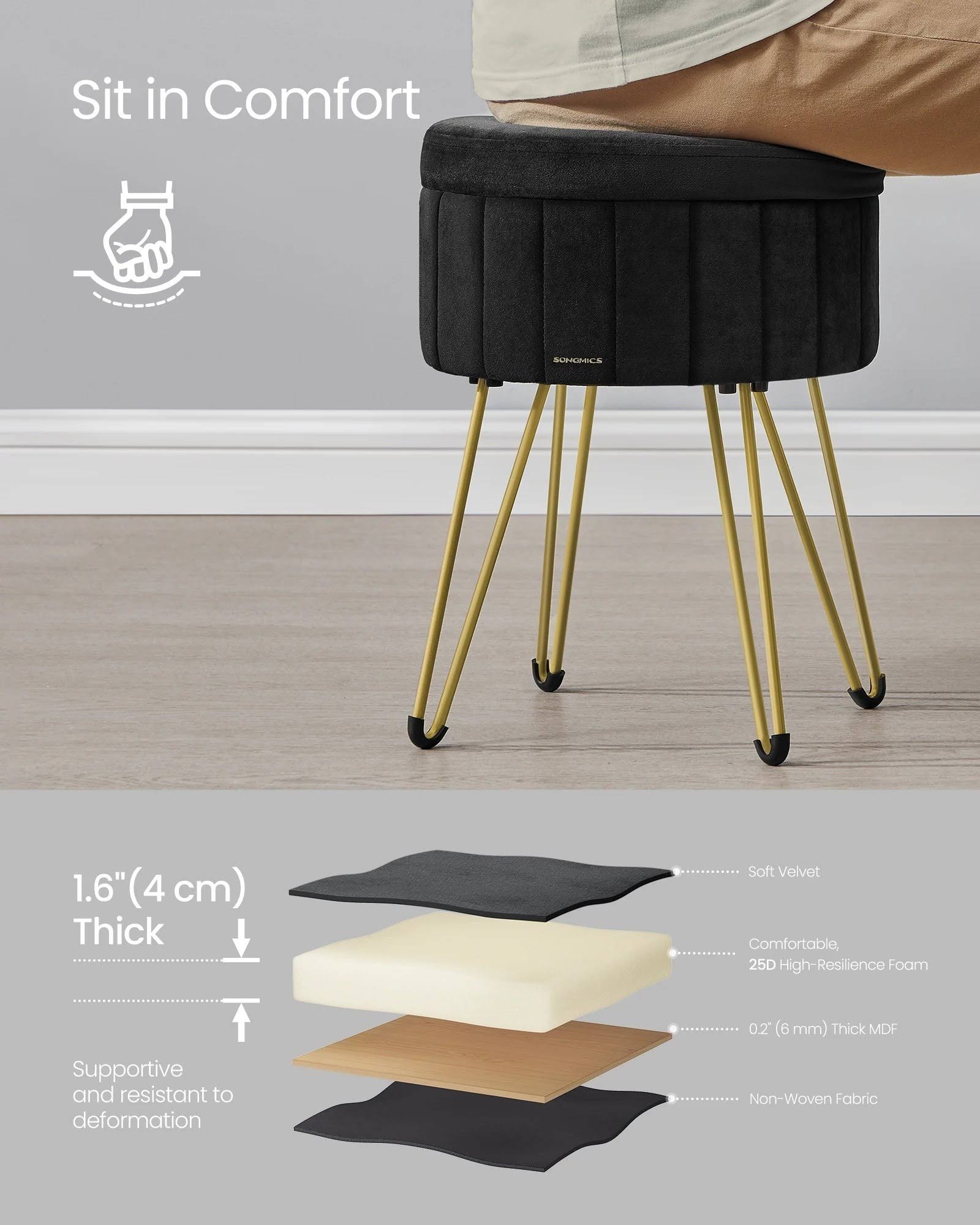 SONGMICS Storage Ottoman, Velvet Dressing Table Stool, 39 x 44.4 cm (Dia. x H), Round Storage Stool Seat, 4 Metal LegsSONGMICS Storage Ottoman, Velvet Dressing Table Stool, 39 x 44.4 cm (Dia. x H), Round Storage Stool Seat, 4 Metal Legs - Image 3