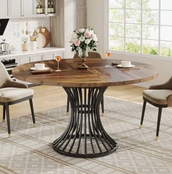 Brown Round Dining Table for 6 People Wooden - Image 2
