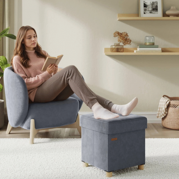 SONGMICS Small Storage Ottoman, 38 x 38 x 40 cm, Folding Storage Cube with Lid, Footstool, Footrest, 37 L, Velvet Surface